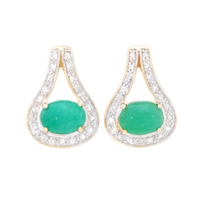 18k Yellow Gold Plated Silver Oval Emerald Earring, 4.16 g