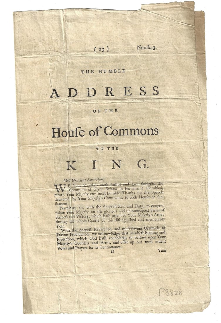 1759 English Parliament Canada Goree to King: The Humble Address of the House of Commons to the King, Number 3, printed at London 1759 for John Whiston. Four pages with great content congratulating the King of conquest of the Isle of Goree off th