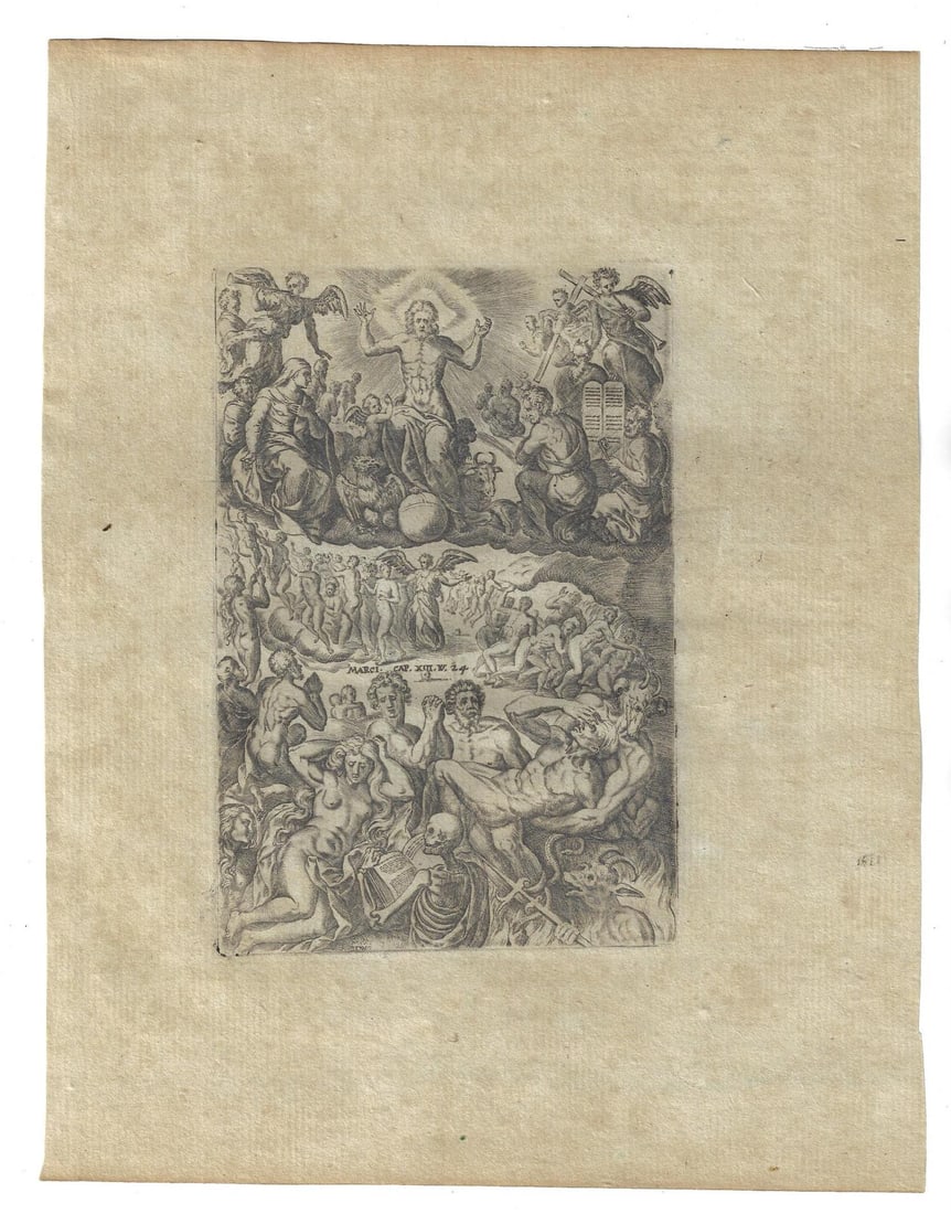 1650 Engraving of The Last Judgement: A mid 17th century engraving of "The Last Judgement" from the book of Mark, attributed to Johannes Wierex. Fine condition on laid paper, the image measures 4.5 x 6.25" and 8.5 x 11" overall. Reserve: