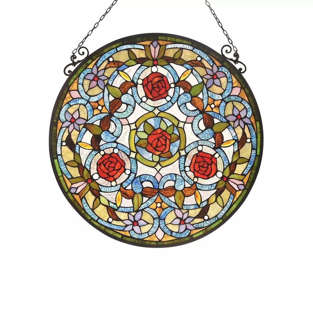 23.9" Round Floral Stained Glass Window Hanging Panel (1 of 3)