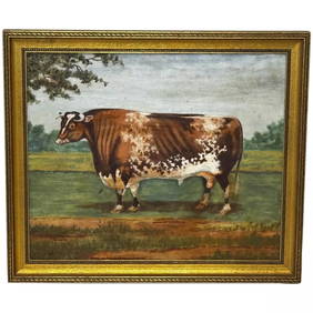 British Victorian Framed Oil Painting Portrait Prized Shorthorn Bull In Field (1 of 20)