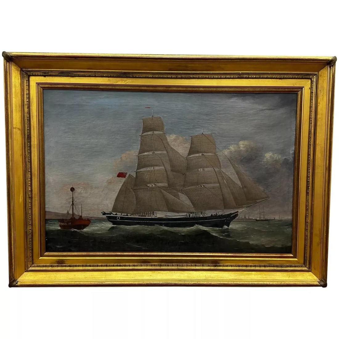 Victorian Oil Painting Marine Brigg Ship Susannah Thrift With Pilot St Nicholas: Victorian Oil Painting Marine Brigg Ship Susannah Thrift With Pilot St Nicholas 1 Fine Large Antique Victorian 19th Century British Work of Art Oil Painting Marine Rigged Brigg Ship Susannah Thrift Wi