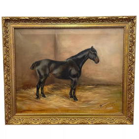 Oil Painting Portrait Black Bay Hunter Horse Stable Signed Alice Mary Burton RBA (1 of 13)