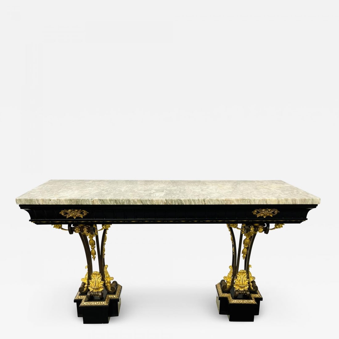 Neoclassical Style Console Table, Refinished, Bronze, Celebrity Provenance: Neoclassical Style Console Table, Refinished, Bronze, Celebrity Provenance A walnut and parcel bronze and iron two-legged console table with a pink and gray marble top in the Neoclassical taste. Newly