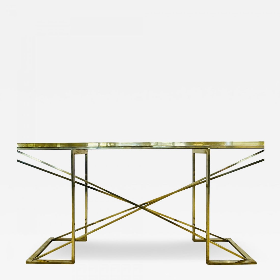 Romeo Rega Console Table, Faux Tortoise Top, Gilt Metal Base, Italy, 1970s: A Modern Romeo Rega Console Table or Sideboard 1970s, Faux Tortoise Top, Gilt Metal Base The gilt metal exagerated X form geometric base supporting a faux tortoise shell style table top with brass inl