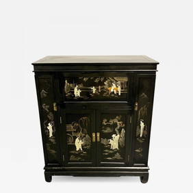 Chinese Export Lacquered Bar, Ebony, Raised Figure Carvings, Chinoiserie (1 of 12)
