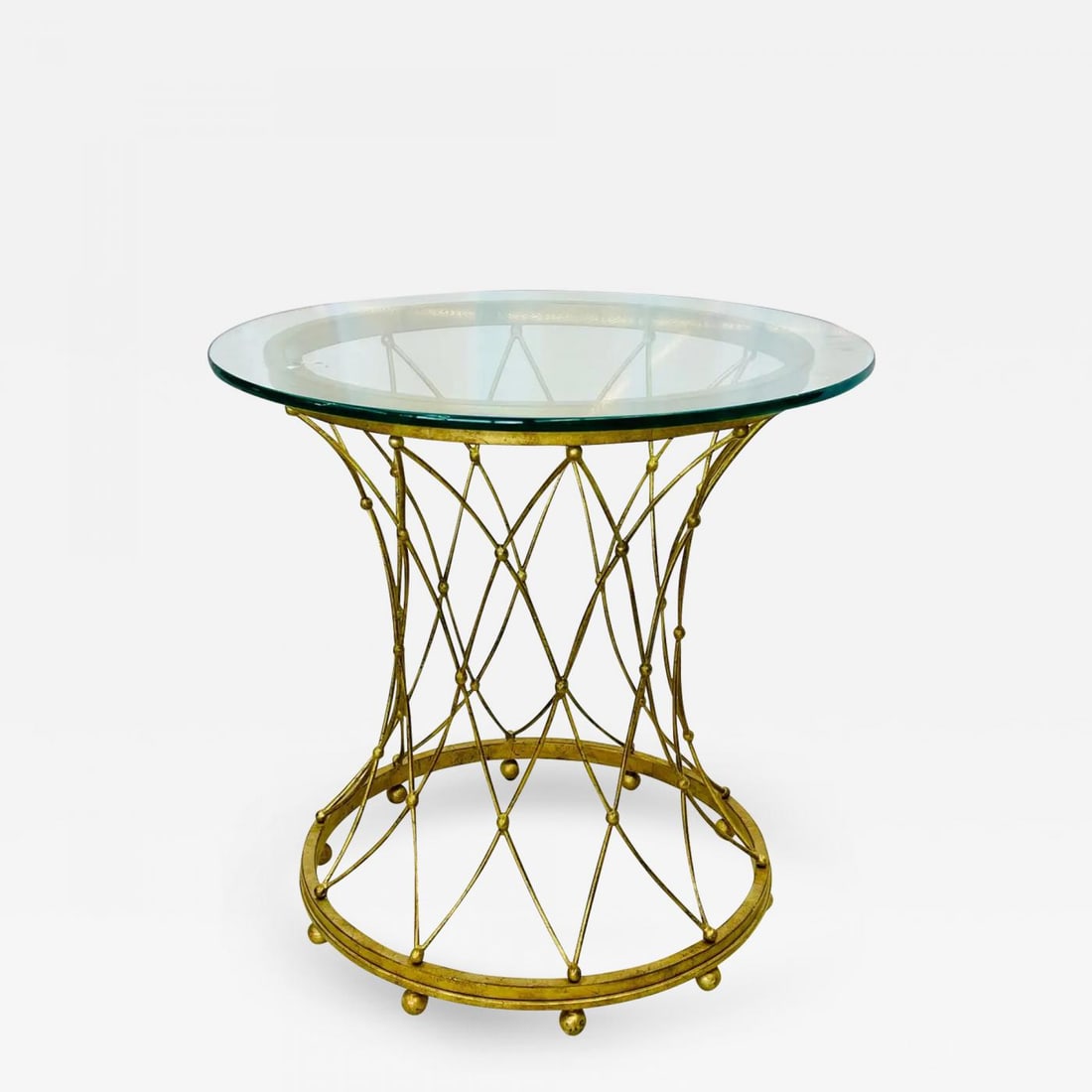 Neoclassical, Maison Jansen Style Round Gilt Metal Coffee Table, Side Table: Neoclassical, Maison Jansen style round gilt metal coffee table, side table Decorative coffee or side table have an eccentric basket type metal base. "More Information In the Style of: Maison Jansen P