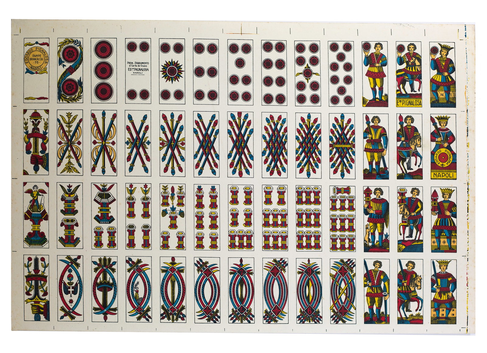 VINTAGE UNCUT ITALIAN Piacentine deck PLAYING CARDS PIGNALOSA NAPOLI: The typology of Spanish/Italian playing cards is fascinating, with regional gaming traditions resulting in a wide variety of designs, even today. This old lithographed sheet, printed on heavy (but not