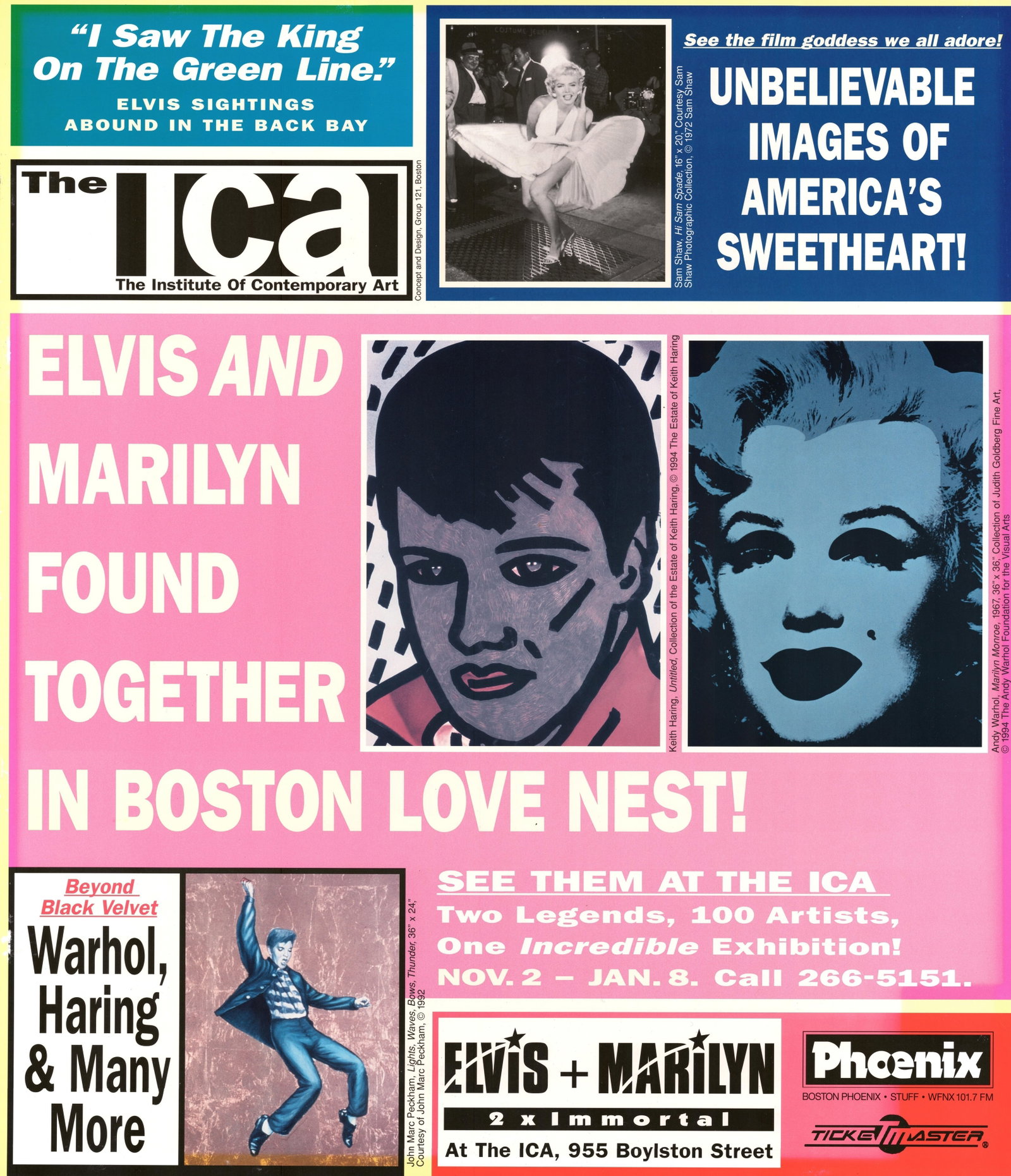 Elvis & Marilyn ICA Exhibition Poster: Title: Elvis & Marilyn ICA Exhibition Poster on Fine Art Paper measuring at 20x18" Date: 1990 Material: Archival Fine Art Paper Dimensions: 20x18" Additional Information: Later printing, date unknown.