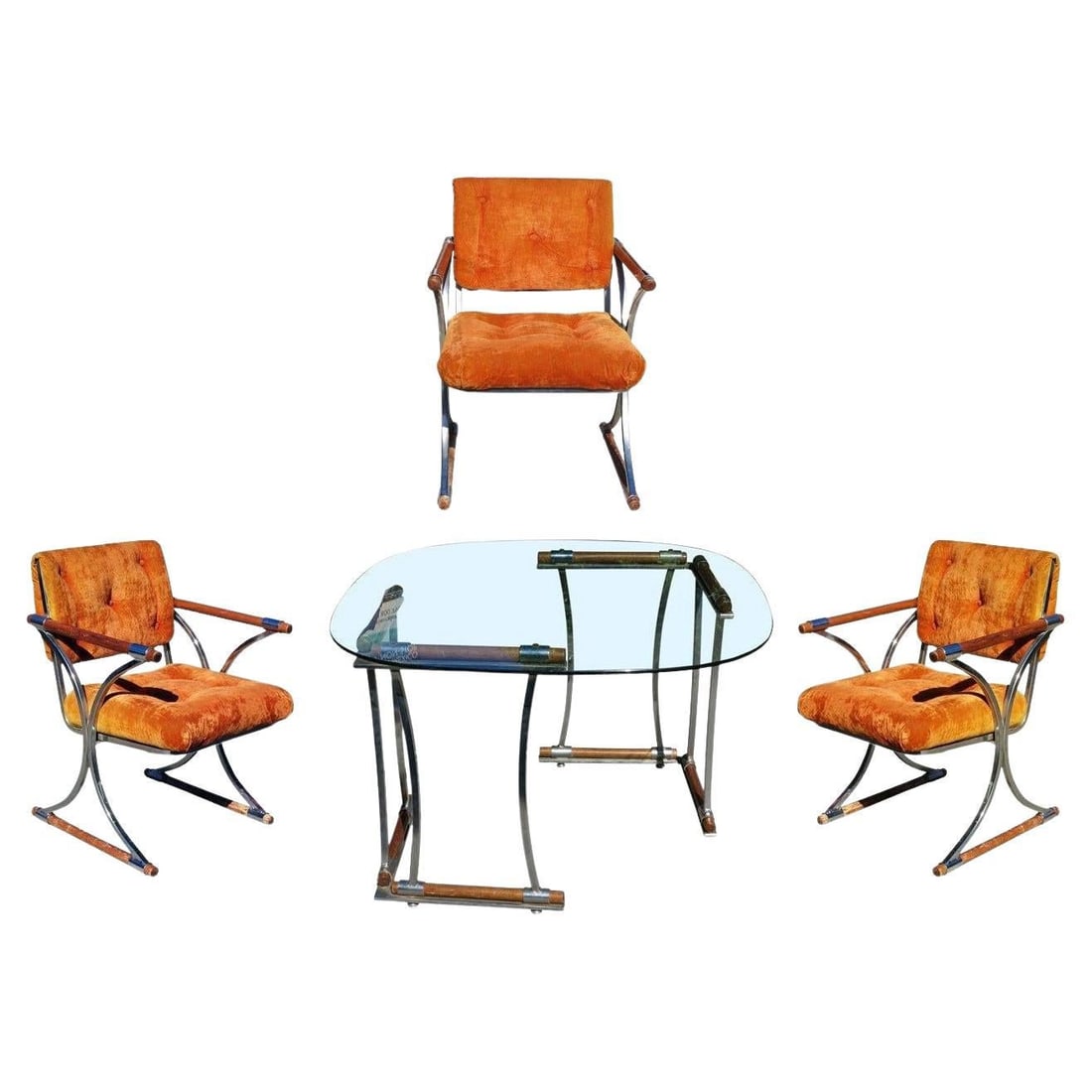 Chrome Dining Chair and Dining Table Set by Cleo Baldon: This set of three dining chairs and dining table was designed by Cleo Baldon for the Terra Furniture Company. Made in rare chrome steel, these post-modern dining chairs feature an X-shaped leg Stand w