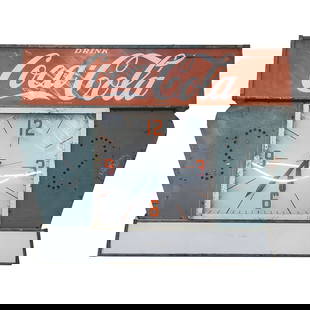 Large 4' Foot Coca-Cola Light Up Steel Marquee Clock, Circa 1960: Transport yourself to the 1950s with this iconic 4' tall Coca-Cola Collectible Wall Clock. Crafted to perfection, it's a nostalgic masterpiece that oozes vintage charm. The classic Coca-Cola logo and