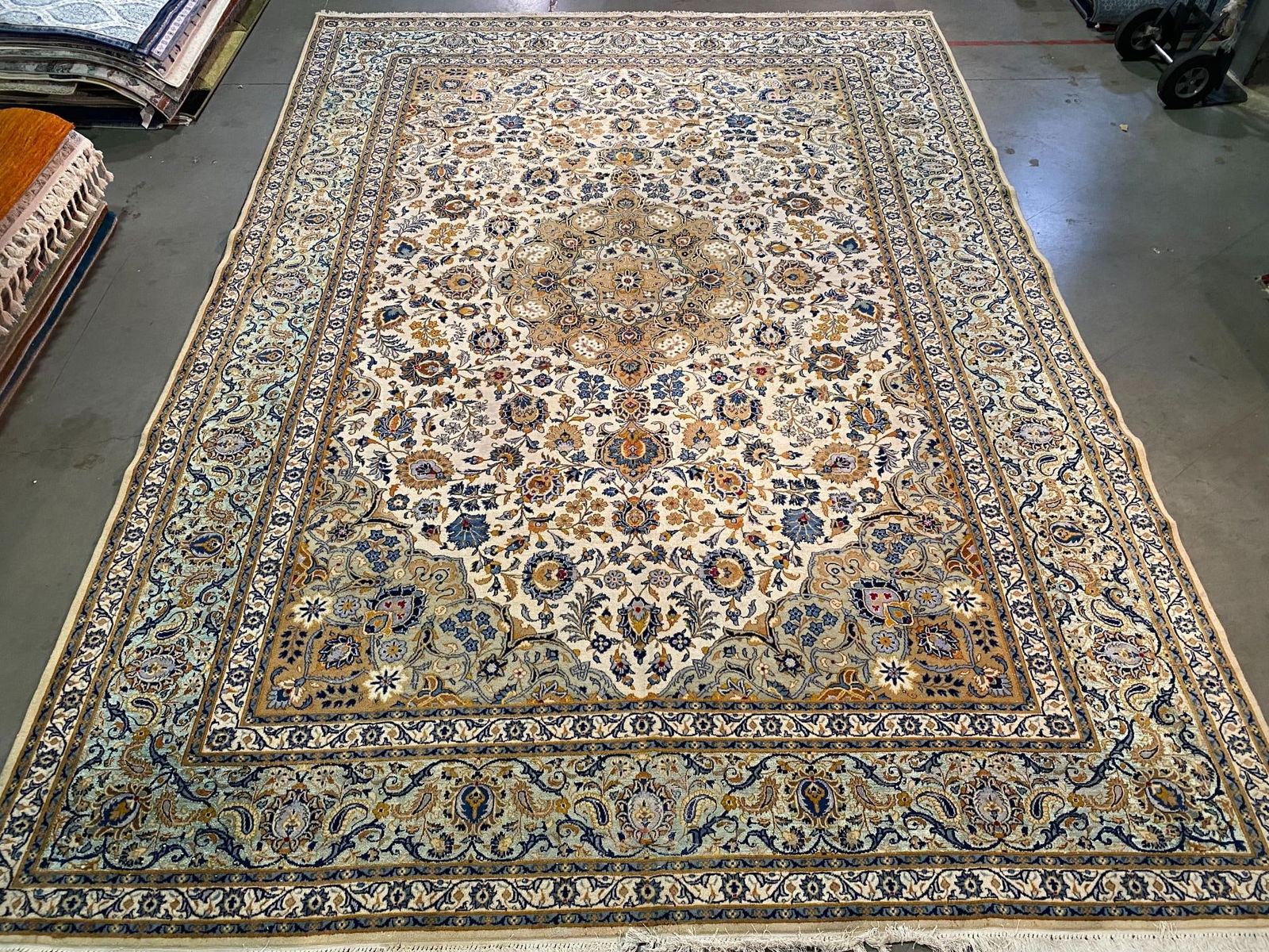 Authentic Antique Persian Kashan silk and wool rug 10x14.5: Title:Authentic Antique Persian Kashan silk and wool rug 10x14.5 Description:Fine authentic Pre 1900 Persian Antique Kashan Rug, Silk and wool, Antique low pile wear due to age in Ivory Blue multi col