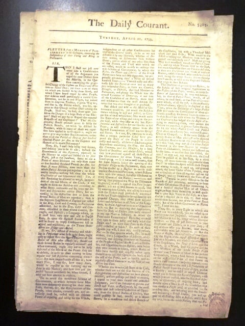 1733 The Daily Courant Cock Fighting: The April 30 and June 5, 1733 issues of "The Daily Courant", printed at London for T. Cooper. Single folio sheets printed both sides, complete. Each issue with a brief on the cock fights between noble