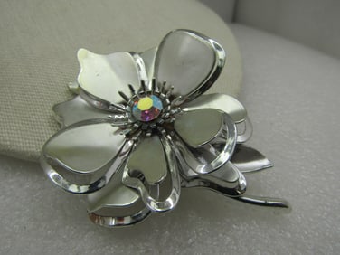 Vintage Silver Tone Floral Brooch, Aurora Borealis Rhinestone, 1960's