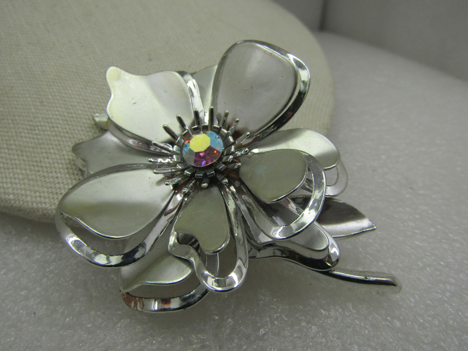 Vintage Silver Tone Floral Brooch, Aurora Borealis Rhinestone, 1960's