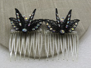 Two Black Butterfly Aurora Borealis Rhinestone Hair Combs
