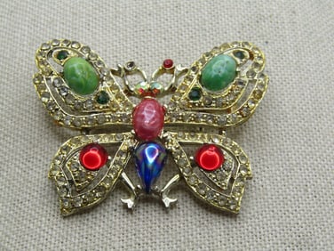 Vintage Rhinestone & Cabochon Butterfly Brooch, 1960's-1970's