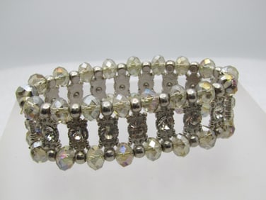 Vintage Crystal AB & Clear Beaded Wide Bracelet, Stretch, 6"-7.5"