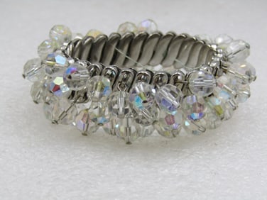 Vintage Crystal Beaded Dangle Expanding Bracelet, Mid-Century