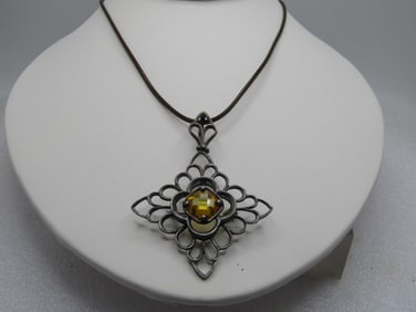 Vintage Sterling Yellow Stone Brooch/Pendant/Necklace, 18"-20", 1990's
