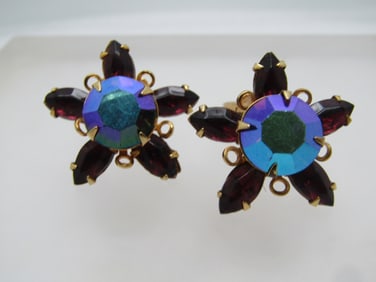 Vintage Purple & AB Peacock Rhinestone Earrings, Clip, BeauJewels, 1960's