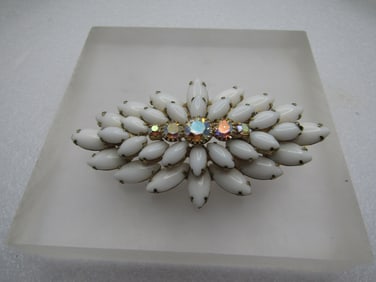 Vintage Milk Glass A.B. Rhinestone Brooch, 1950's.