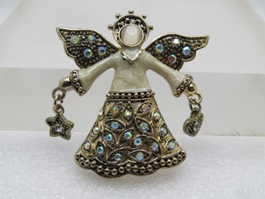 Vintage Rhinestone Angel Brooch, Dangle Heart/Stars, Signed KC 1980's-1990's