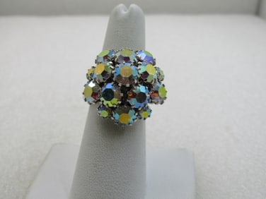 Vintage Sarah Coventry Aurora Borealis Rhinestone Ring, Adjustable,