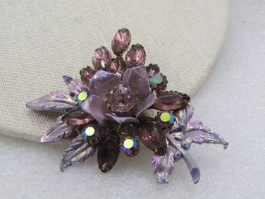Vintage Lavender Rhinestone & Enameled Floral Brooch, 1940's