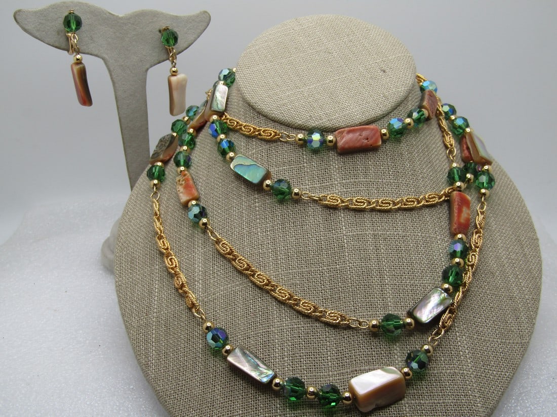 Vintage Napier Abalone & Green Crystal Necklace & Earrings 62", Napier (1 of 5)