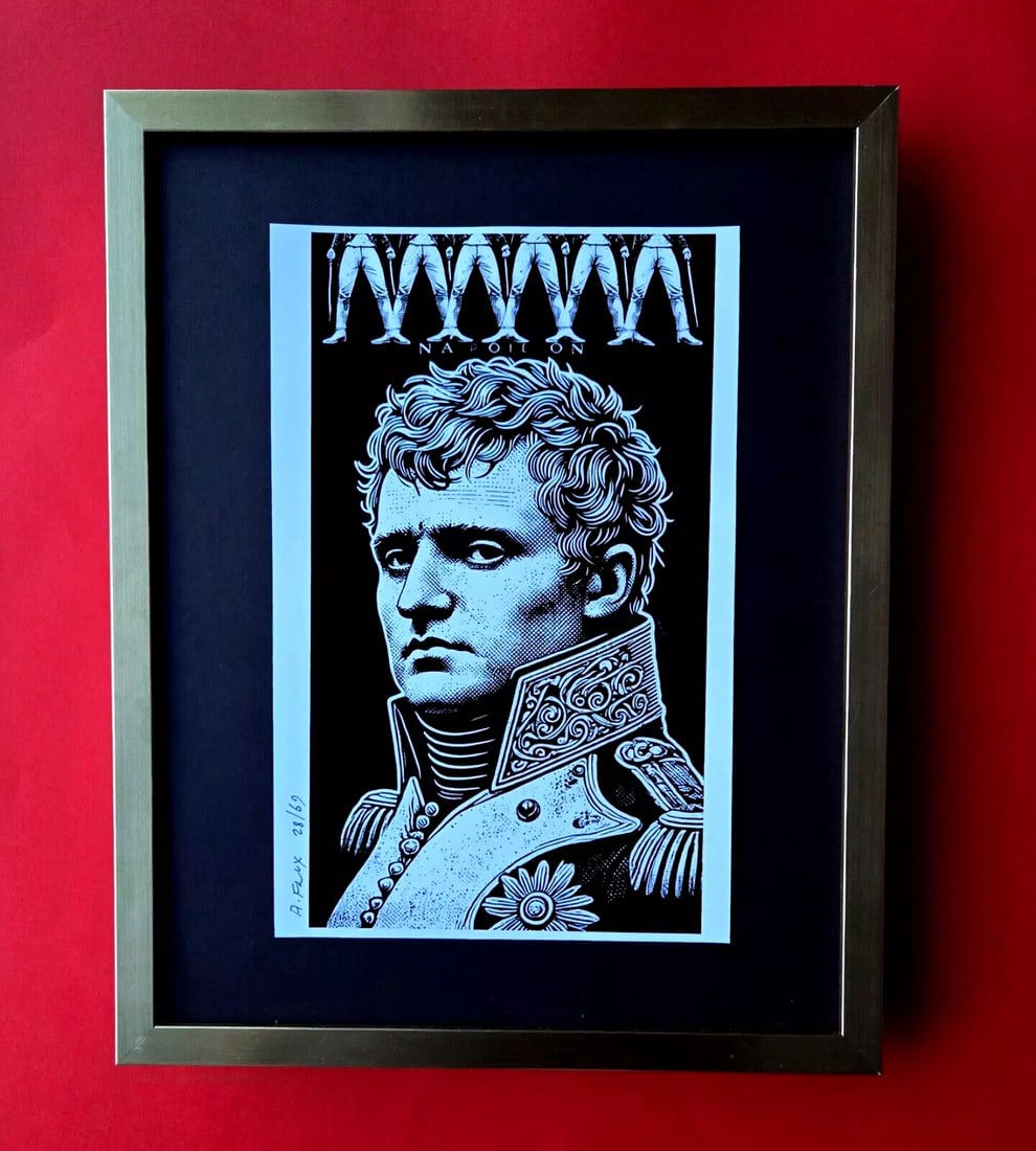 AIDAN FLUX | Hand Signed Authentic Print Framed NAPOLEON BONAPARTE COA: This is a one-of-a-kind Hand Signed Authentic Giclee by AIDAN FLUX. From his Series "World Icons" The artist has created a stunning piece of art that features a powerful message about empowerment. The