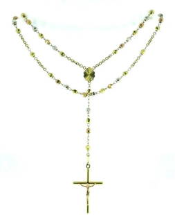14k Tri-Color Gold Beaded Cross Pendant Necklace: NS I00 14k tri-color (yellow, rose and white) gold beaded cross pendant necklace Stamped with a hallmark for 14k gold Measurements: the chain is 26" long, hanging part (including the pendant) is 5" lo