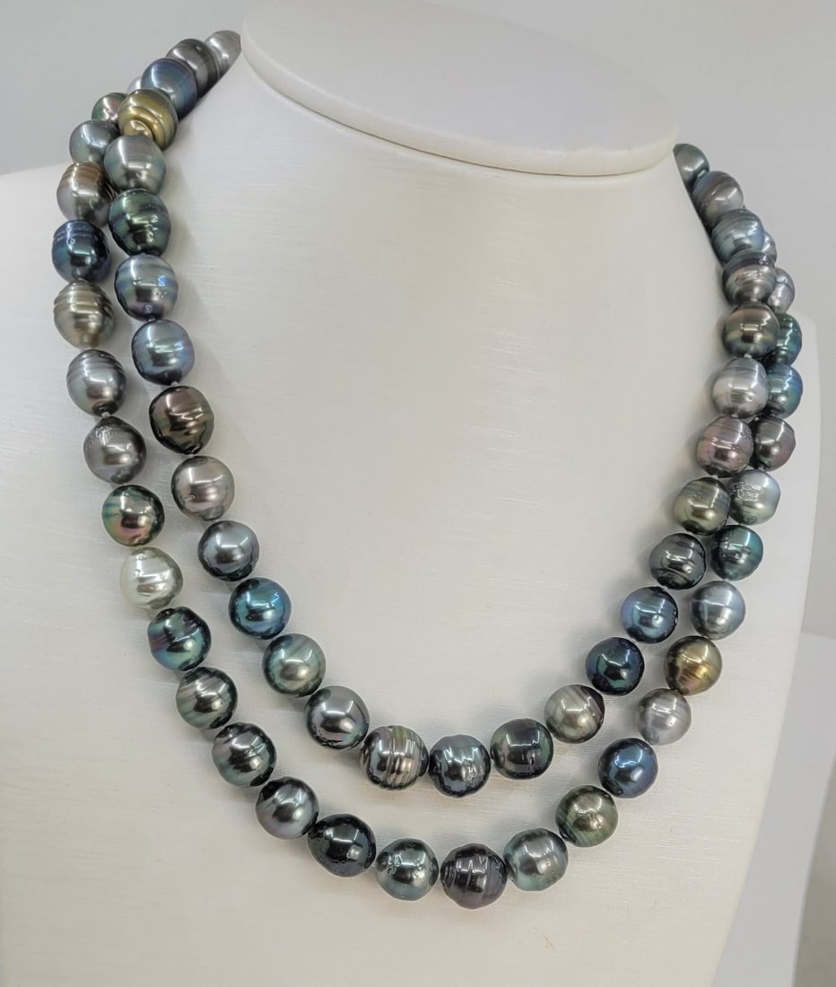 Necklace Double 2 row Bright 8x12mm Multi Tahitian pearls: Title: Necklace Double 2 row Bright 8x12mm Multi Tahitian pearls Description: Grown in the black-lipped Pinctada margaritifera oyster in the tropical waters of French Polynesia, these Tahiti pearls ha
