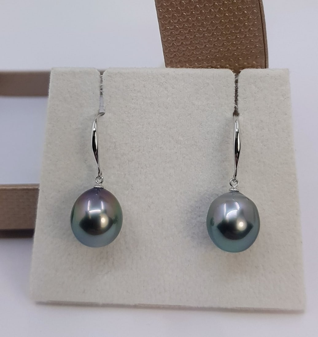 10x11mm Peacock Tahitian Pearl Drops - 14kt gold - White gold - Earrings: Title: 10x11mm Peacock Tahitian Pearl Drops - 14kt gold - White gold - Earrings Description: Produced by the Pinctada Margaritifera oyster in the tropical lagoons of French Polynesia, these pearls hav