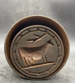 Antique Wood Butter Mold ~ Hand Turned Stamp ~ Cow Folk Art Americana