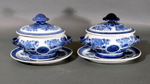 Chinese Export Porcelain Blue Fitzhugh Sauce Tureens, Covers & Stands, Circa 1780-1810
