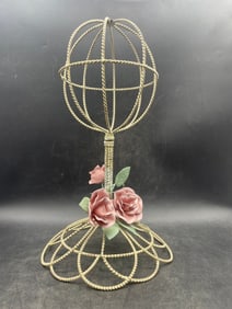 VTG Wire Twisted Metal Hat Stand Pink Roses Shabby Chic Cottage Wig Stand