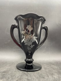 Vintage LE Smith Black Amethyst Glass Trophy Vase Silver Overlay