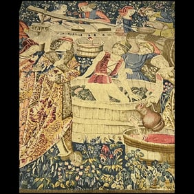 Vintage Serbian Arts French Hand Printed Medieval Museum Design Tapestry Les Vendanges