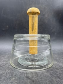 ANTIQUE GLASS BUTTER PRESS MOLD EMBOSSED COWS WOODEN PLUNGER HANDLE