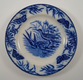 Antique Flow Blue Ceramic Plate w/ Shorebird