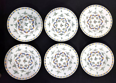 Dutch Delft Set of Six Dinner Plates with Plants and Ribbon, Circa 1765
