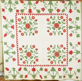 1850's Red & Green Whig Rose Applique Quilt
