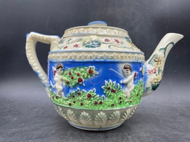 Vintage Majolica Teapot Raised Relief Blue Floral Cherub Signed Japan
