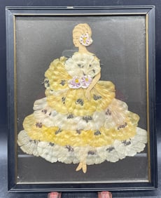 Vintage Antique 1920s Framed Ribbon Art Paper Doll Picture W/ Yellow Dress