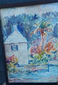 19th century Watercolor scene house Tropical John Eddy Hutchins born 1891