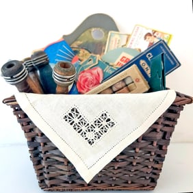 Vintage Willow Basket Containing a Mighty Fine Collection of Vintage Sewing Items