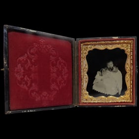 Antique Tin Type with Hand Tooled Leather Case & Gold Tint Metal Frame