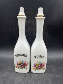 SET OF TWO ANTIQUE MILK GLASS BARBER BOTTLES. Witch Hazel & Tonic