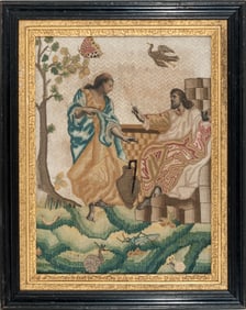 NEEDLEWORK PICTURE SAMARITAN AND JESUS AT JACOB'S WELL c.1720